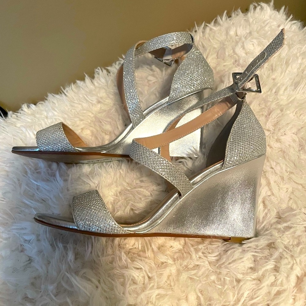 Silver metallic wedge open toe heels